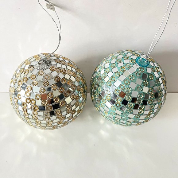 NEW Set of 2 Large Glass Mirror Disco Ball Ornaments with Rhinestones - Picture 10 of 16